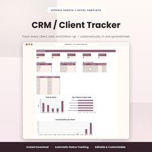 Peut inclure: Un modèle numérique de CRM et de suivi client pour Google Sheets et Excel. L'interface affiche un tableau de bord avec des tableaux de données, des graphiques à barres et des indicateurs pour suivre les tâches, le statut et les suivis.