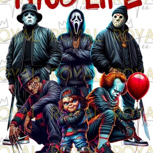 Puede incluir: Un grupo de personajes de películas de terror vestidos con ropa de calle con el texto "THUG LIFE" en letras rojas. Los personajes incluyen a Freddy Krueger, Jason Voorhees, Ghostface, Pennywise el payaso bailarín y Chucky.