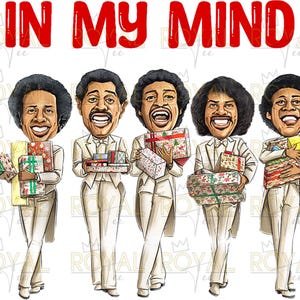 May include: Four cartoon men in white suits with black hair and mustaches are holding Christmas presents. The text "IN MY MIND" is written in red letters above them.