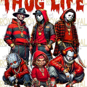 Puede incluir: Ilustración digital de seis personajes de películas de terror con atuendos rojos y negros, cadenas de oro y relojes. El texto "THUG LIFE" está en la parte superior. Los personajes incluyen a Freddy Krueger, Jason Voorhees, Michael Myers, Pinhead, Chucky y Pennywise.