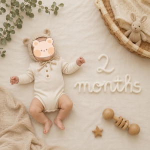 May include: A baby wearing a cream-colored ribbed long-sleeve bodysuit with three small buttons and a matching bear-ear bonnet with tie strings. Beside the baby, white yarn script spells out 2 months, accompanied by a wooden rattle and star.