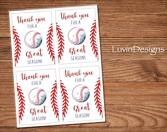 May include: Four white cards with red and blue baseball themed designs. Each card says "Thank you for a great season!" with a baseball graphic and red stitching.