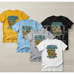 May include: Five short-sleeved t-shirts in various colors: yellow, light blue, gray, black, and white. Each shirt features the text "SOUTHERN UNIVERSITY" and a graphic of a jaguar with a football. The text "JAGUAR NATION SINCE 1880" is also displayed.