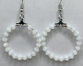 Small Loop Earrings with White Faux Opal Glass Bicone Beads