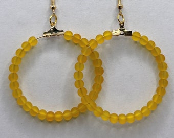 Large Loop Earrings with Semi-Matte Round Yellow Glass Beads