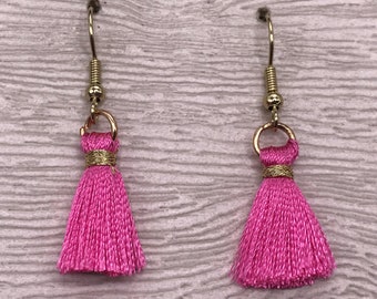 Small Thread Tassel Earrings - Deep Pink