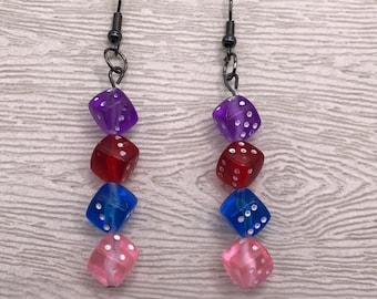 Purple, Red, Blue, and Pink Dice Earrings