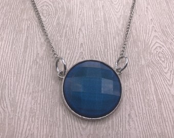 Round Blue Resin Pendant Necklace, Large Faceted, with 18 Inch Stainless Steel Chain