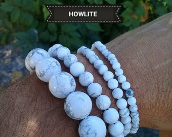 Bracelet élastique en perle de HOWLITE, pierre naturelle (lithothérapie) semi-précieuse véritable en 4 6 & 8mm multi tailles