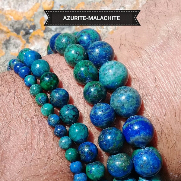 Bracelet élastique en perle d'AZURITE MALACHITE, pierre naturelle (lithothérapie) semi-précieuse véritable en 4 6 8 & 10mm multi tailles