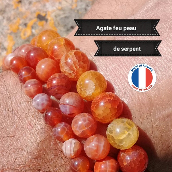 Bracelet Élastique en Perle d'AGATE FEU Peau de Serpent, Pierre Naturelle (lithothérapie) Semi-Précieuse Véritable en 4 6 8 & 10mm