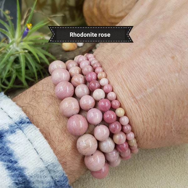 Elastic Pink Brazilian Pink RHODONITE Pearl Bracelet, Natural Stone (Lithotherapy) Semi-Precious Genuine, 4 6 8 10mm Multi Size