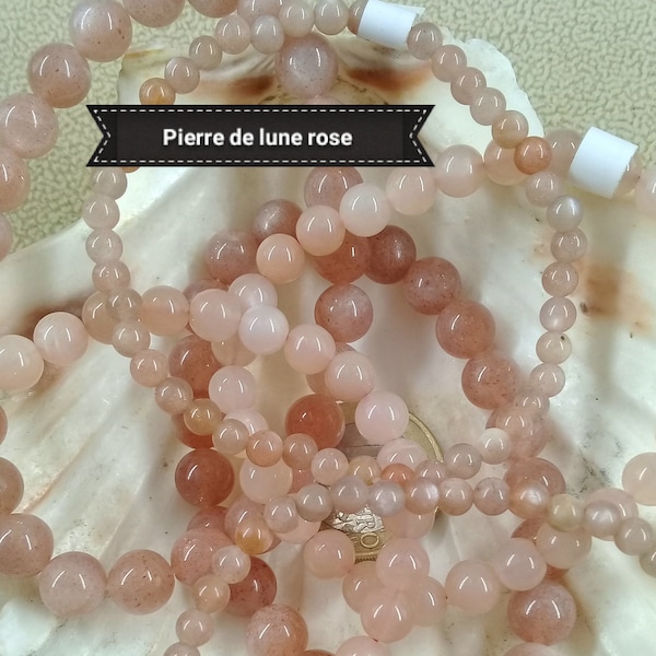 Bracelet Élastique en Perle de Pierre de LUNE Rose Naturelle de Madagascar (lithothérapie), Véritable Semi-Précieuse en 4 6 8mm