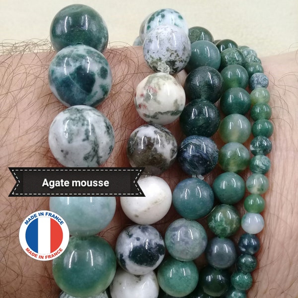 Natural Stone Bracelet AGATE Moss/Tree from India or China (lithotherapy) Semi-precious Genuine Pearl in 4 6 8 10 12mm