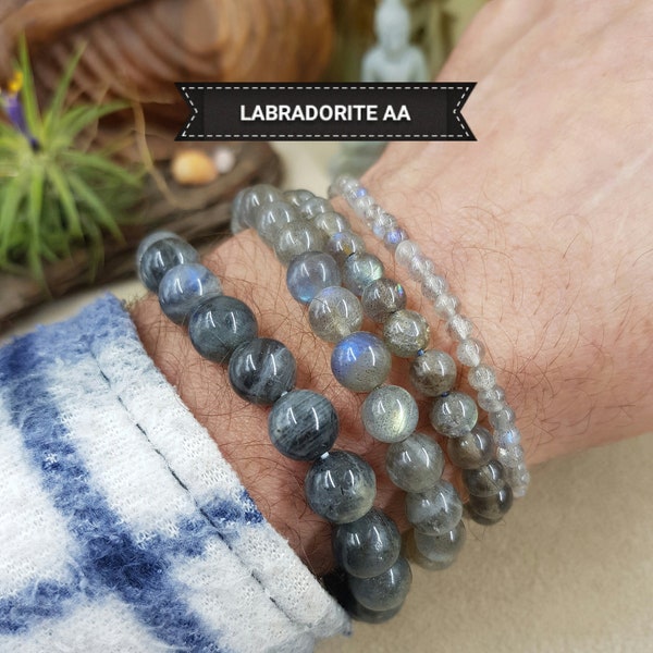 Bracelet Élastique en Perle de LABRADORITE Extra AA, Pierre Naturelle Véritable de Madagascar (lithothérapie) Semi-Précieuse en 4 6 8 10mm