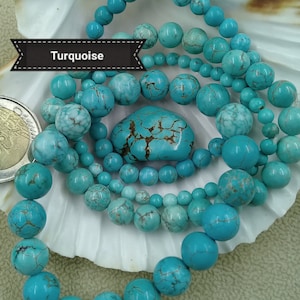 May include: Turquoise beads of various sizes and shapes, some with a marbled pattern, arranged in a circular pattern on a white seashell background.