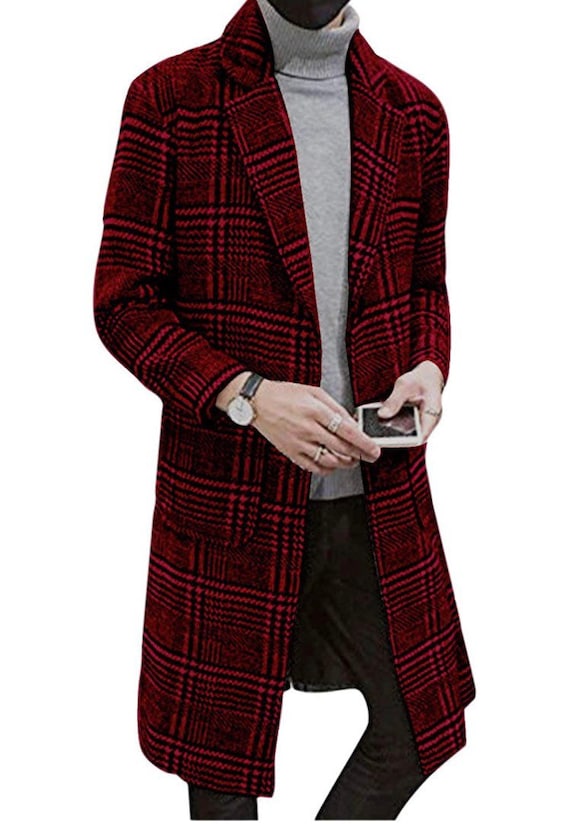 RED Mens Casual Plaid Mid Long Trench Pea Winter Vintage Coat | Etsy