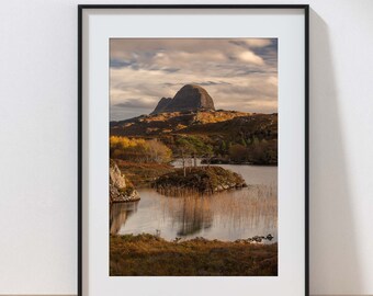 Autumn at Loch Druim Suardalain and the spectacular Suilven  - Fine Art Photographic Print Wall Art