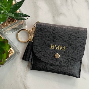 Personalised Mini Key Ring Cardholder Purse Wallet In Vegan Leather With Custom Monogram Initial Gift For Her