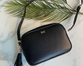 BLACK Cross Body Messenger Camera Bag vegan leather, Personalised Monogram initials, Gift For Her, Gift For Mum, Gift For Daughter
