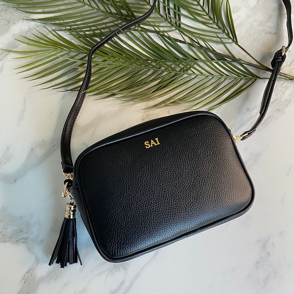 PERSONALISED CROSS BODY black Camera Messenger Bag vegan leather, Personalised Monogram initials, Gift For Her, Gift For Mum Daughter