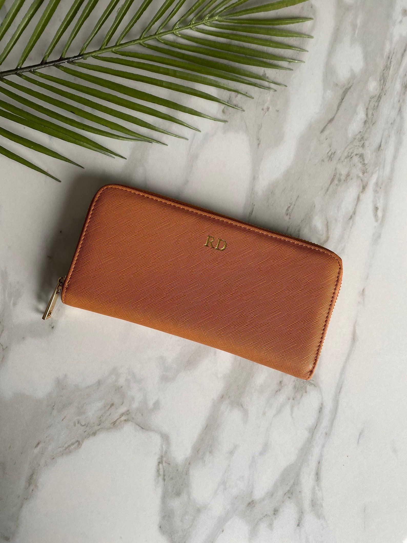 PERSONALISED TAN PURSE Zip around wallet Camel Tan Vegan Leather