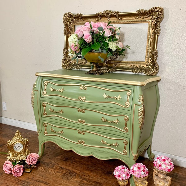 SOLD * Green Bombay French Provincial Vintage Rococo Dresser