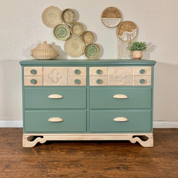 SOLD* Sage Green Boho Midcentury 6-Drawer Dresser