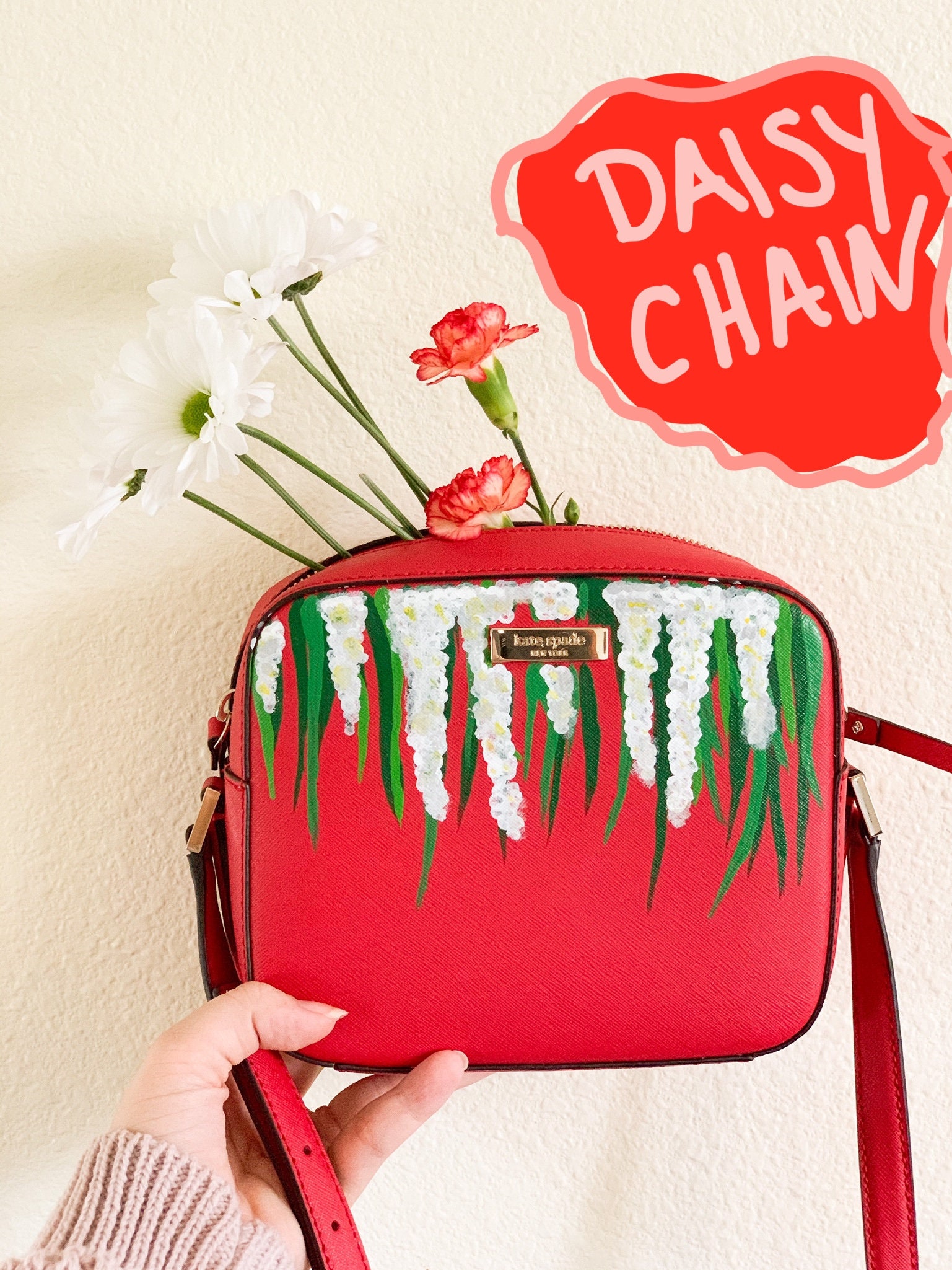 Red Leather | Hand painted | Floral | Crossbody Kate Spade Handbag