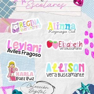 Peut inclure: Une collection d'étiquettes nominatives personnalisées avec des polices colorées et des icônes graphiques comme des écouteurs, des fraises et un personnage de dessin animé. Le texte inclut les noms Regina, Alinna, Leylani, Elizabeth, Karla et Allison.