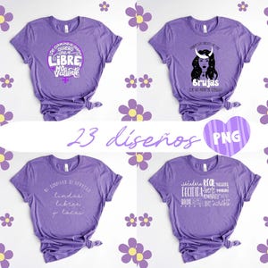 以下が含まれることがあります： 白文字のデザインが施された4枚の紫色のTシャツ。1枚は「De camino a cada per libre, no valiente」と書かれています。もう1枚は「Brujas que no pueden quemar」と書かれています。3枚目は「Ni sumisas ni devotas, lindas, libres y locas」と書かれています。4枚目は「Soñadora, real, decidida, fuerte, valiente」と書かれています。