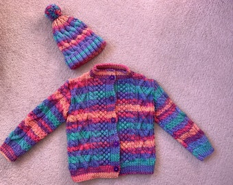 Hand Knitted Aran wool cardigan and matching hat