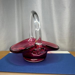 Vintage Cranberry Glass Basket, Clear Handle, Hand Blown Art Glass, Ruby Red Vintage Glass
