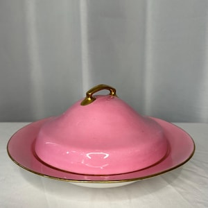 May include: A round, pink ceramic serving dish with a matching domed lid. The lid features a gold-coloured handle at the top, and both the lid and the base plate are finished with a thin gold-coloured trim along their respective edges.