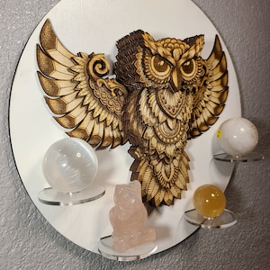 Owl Mandala 3D Display Shelf Natural Crystals Shelf Healing  Gemstones Laser Engraved wall Decor
