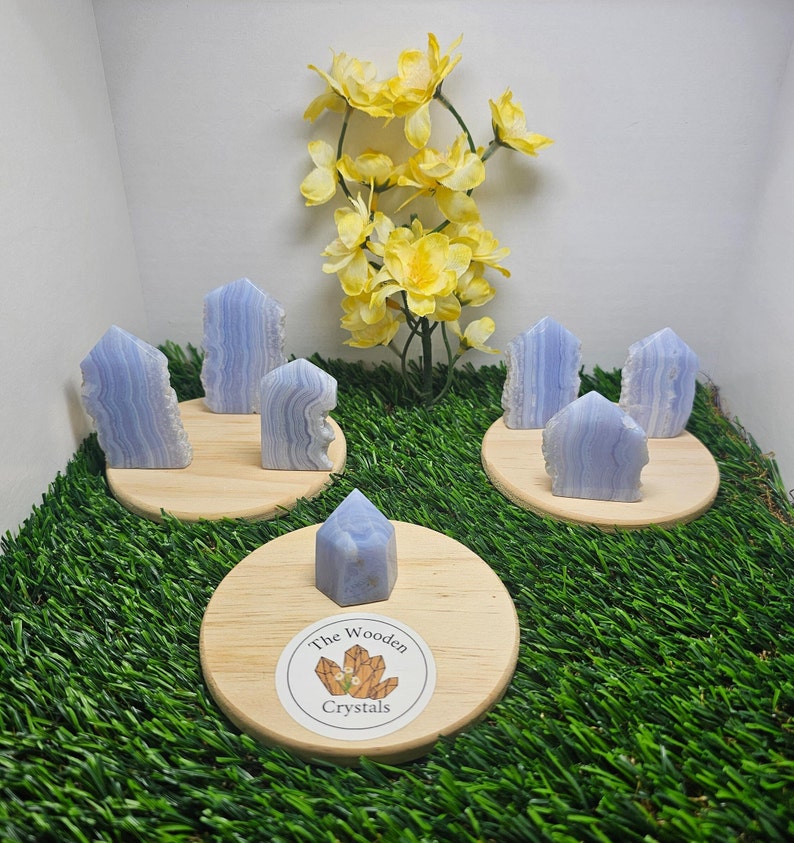 main picture of Blue Lace Agate Crystal towers by the wooden crystals