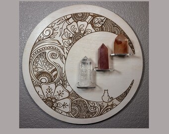 White Mandala Moon and Cat Healing Crystals Gemstones Display Shelf Laser Engraved wall Decor