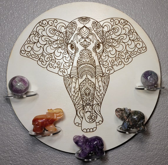 White Mandala Elephant Natural Healing Crystals Gemstones Display Shelf Laser Engraved wall Decor Que Sera Amethyst Carnelian unique gift