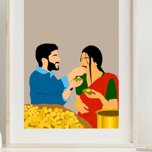 Arte Boho, Arte Desi, Arte Indiana, pani puri, Arte Sul-Asiática, Tâmil, Arte Asiática, Arte Sul-Indiana, Garota Morena, Download Digital, Sari, Casal