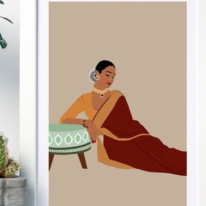 Art bohème, Art Desi, Art indien, Art mural indien, Art de l'Asie du Sud, Tamoul, fête des mères, Art de l'Inde du Sud, Fille brune, Téléchargement numérique, Saree