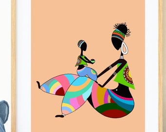 Black Mom and son art , Mothersday gift, Gift for son, Gift for mom, Black boy room decor, Black women art, African american art,  Wall art