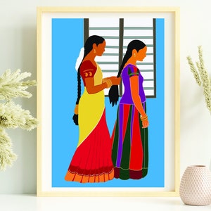 Bohokunst, Desi-kunst, Indiase kunst, Indiase kunst aan de muur, Zuid-Aziatische kunst, Tamil, Aziatische kunst, Zuid-Indiase kunst, bruin meisje, digitale download, zussen