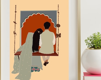 May include: A digital illustration of a couple sitting on a swing in front of a colorful archway. The woman is wearing a light blue and green sari and the man is wearing a white shirt and dark pants.