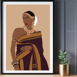 Arte Boho, Arte Desi, Arte Indiana, Arte de Parede Indiana, Arte do Sul da Ásia, Tâmil, Arte Asiática, Arte do Sul da Índia, Garota Morena, Download digital, Saree