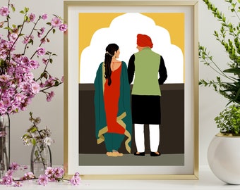 May include: A digital illustration of a couple standing in front of a yellow and white archway. The woman is wearing a red and green outfit, and the man is wearing a green vest and white pants.
