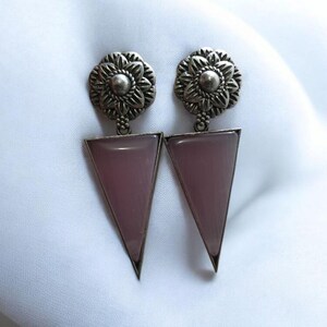Vintage Boho Triangle Drop Earrings | Oxidized Floral Studs with Green Stone, white stone, pink and black stone |Statement jewellery |