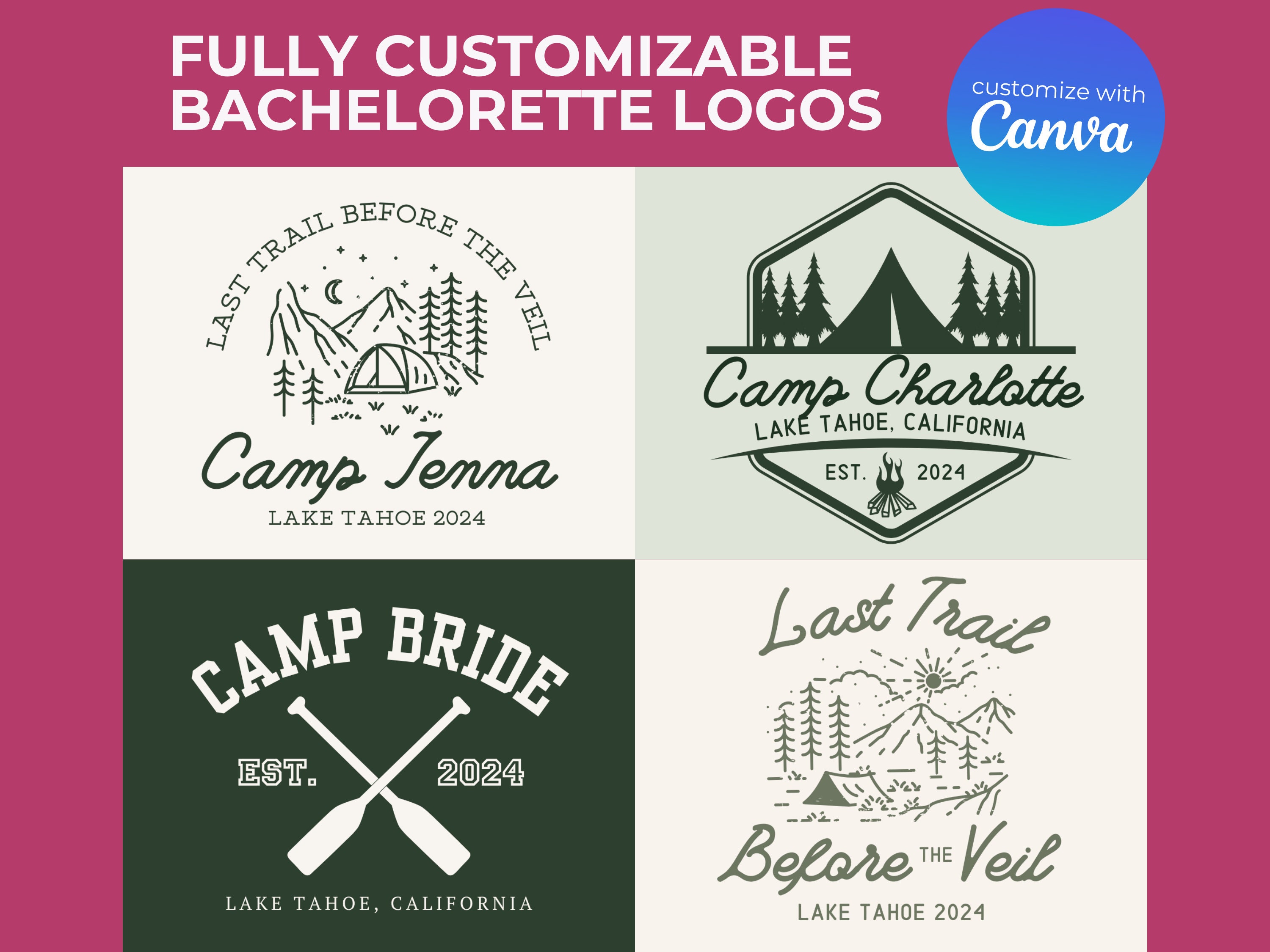 4 bearbeitbares Camp Bachelorette Party Logo Paket | Last Mills Braut Tribe DIY Grafik für Merch - Canva Template SVG, PNG