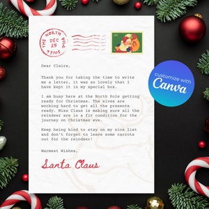 Plantilla de carta de Papá Noel para imprimir / Carta de Papá Noel ilustrada de estilo vintage - DESCARGA DIGITAL, Canva