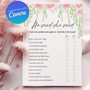 Floral Bridal Shower Game He Said She Said | Guess Who Printable Template for Bride -  INSTANT DOWNLOAD, Edit in Canva