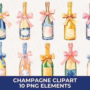 10 coquetas champán PNG Clipart / Acuarela Botellas y lazos Gráficos de arte estético - Sublimación, Descarga digital